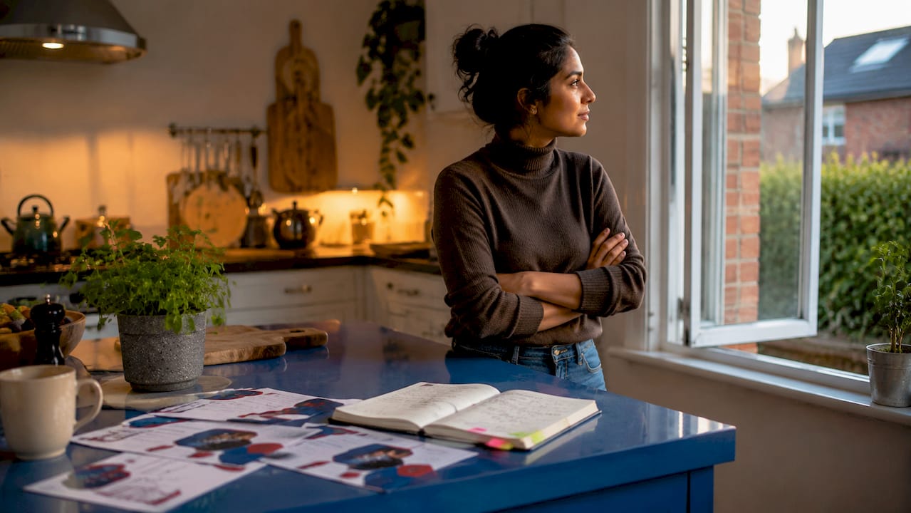 Woman comparing budget moving company brochures