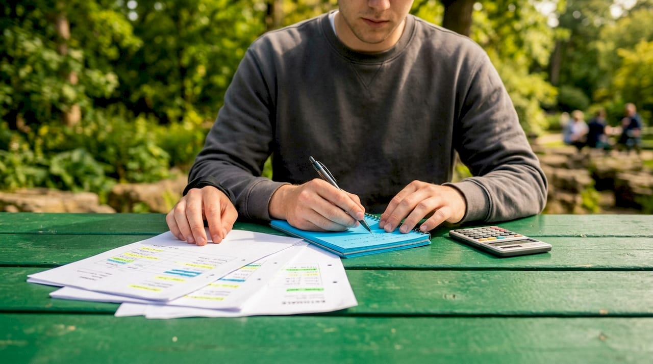 Hands calculating moving estimates at kitchen table