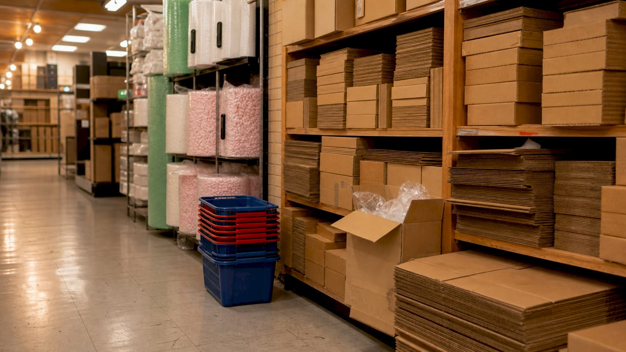 Retail aisle with cheap moving boxes