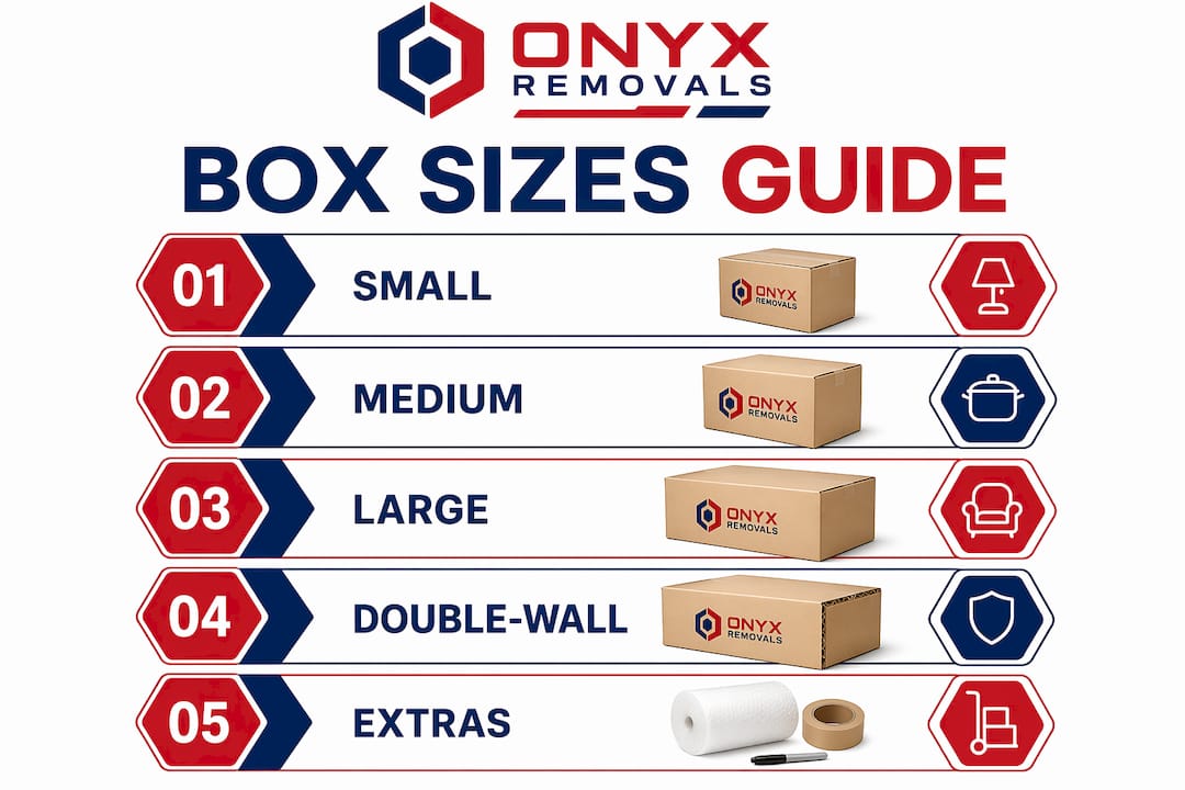 Infographic showing moving box size guide