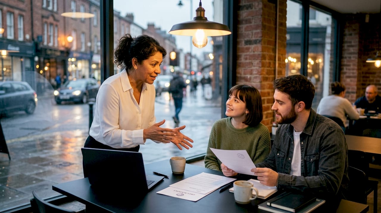 Moving consultant advising couple on moving quotes and scheduling