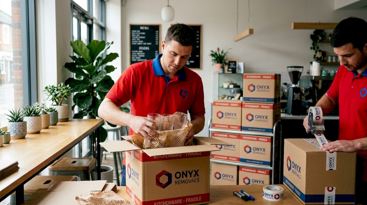 Professional movers packing kitchenware carefully