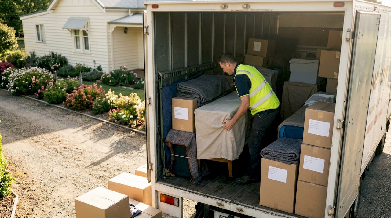 Removalist loading labeled furniture into truck