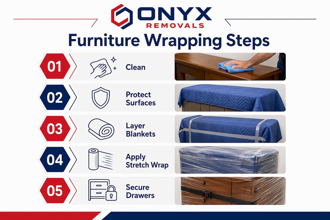 Infographic showing furniture wrapping step-by-step process