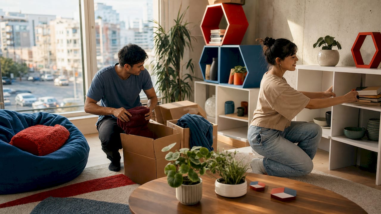 Students unpacking boxes in new apartment