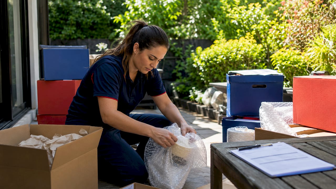 Hands packing fragile items carefully in living room