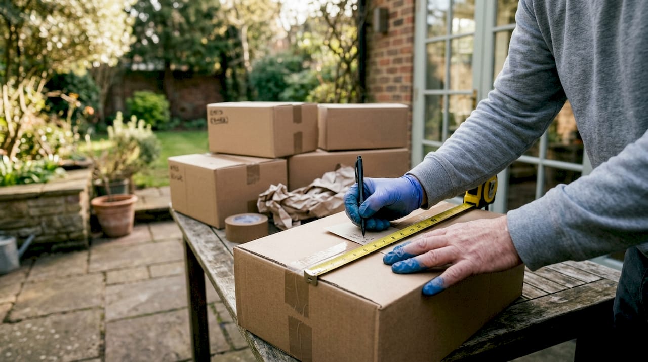 Hands measuring moving box volume overhead view