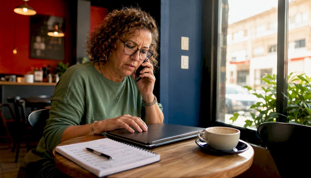 Woman booking removalist on phone in home office