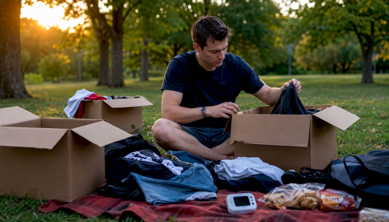 Young man packing clothes in boxes from overhead