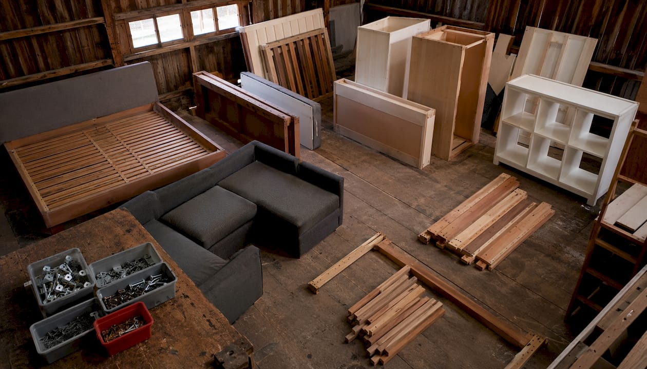 Partially disassembled furniture and hardware
