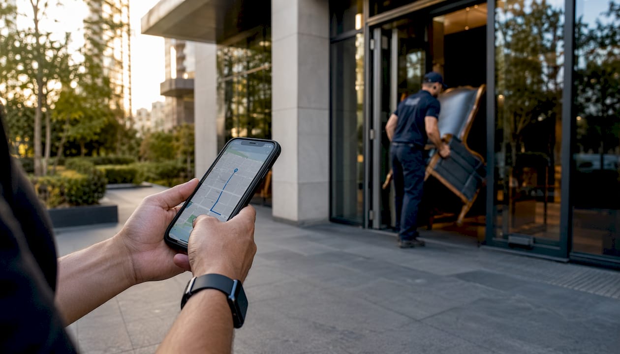 Person checking route for apartment furniture removal