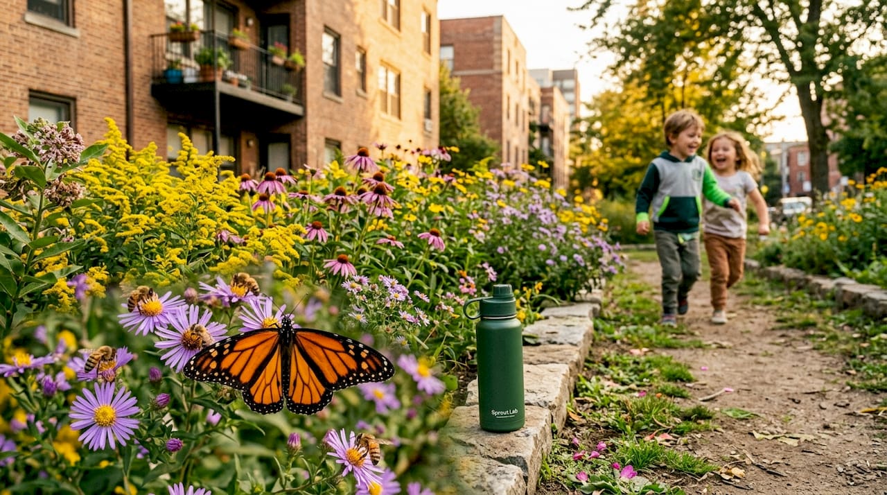 Urban wildflowers attracting bees and butterfly