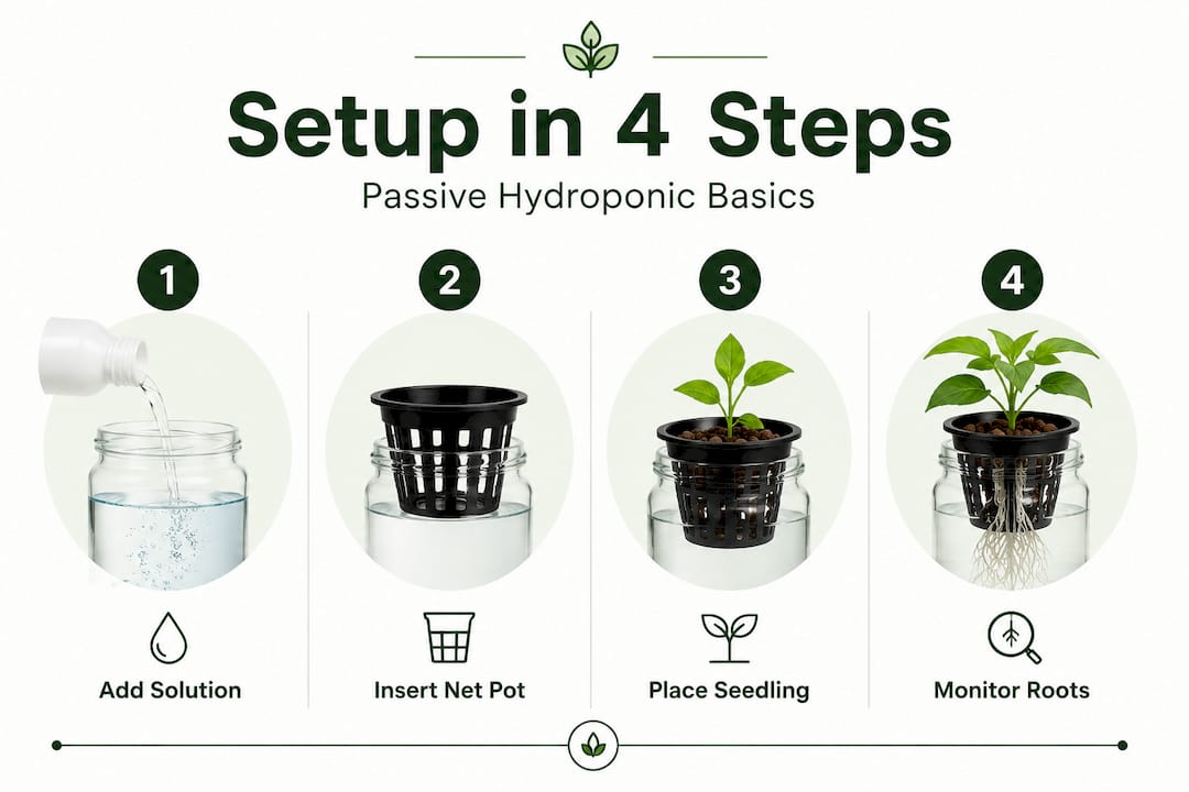 Infographic of passive hydroponic setup steps