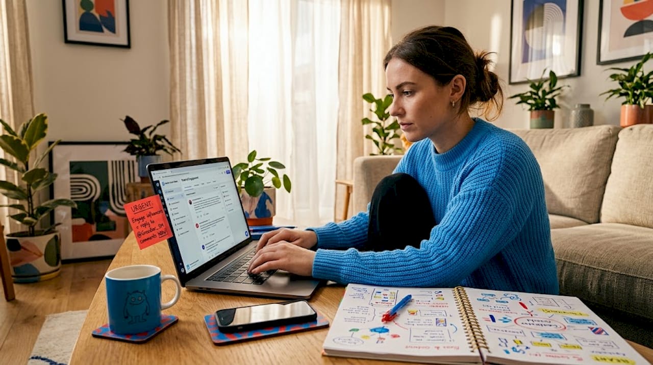 Replying to social media comments at kitchen table