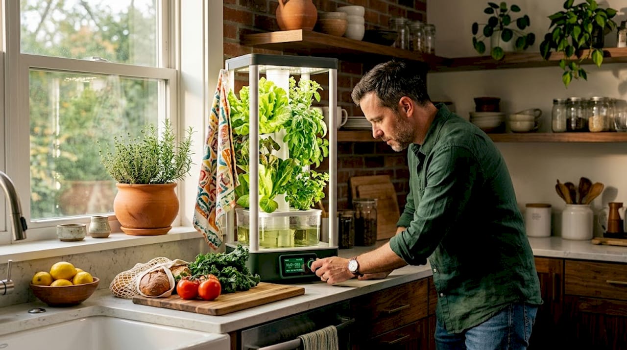 Indoor hydroponic tower in apartment kitchen
