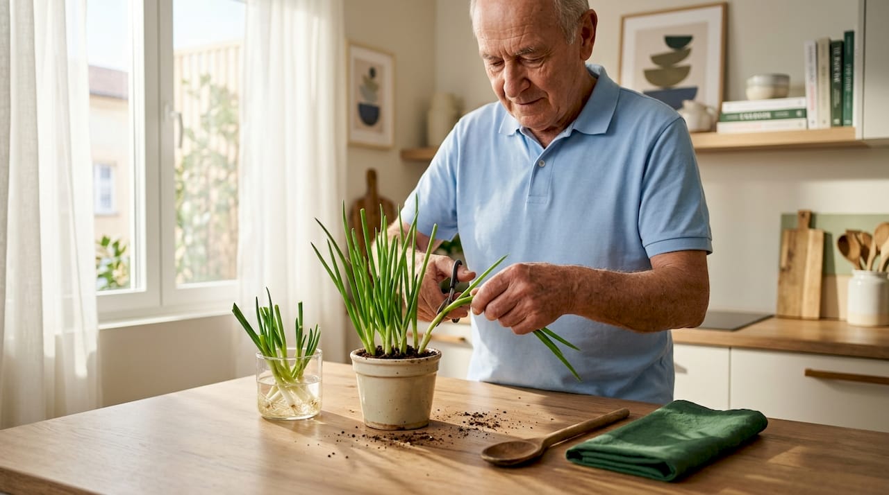 Trimming homegrown spring onions in kitchen