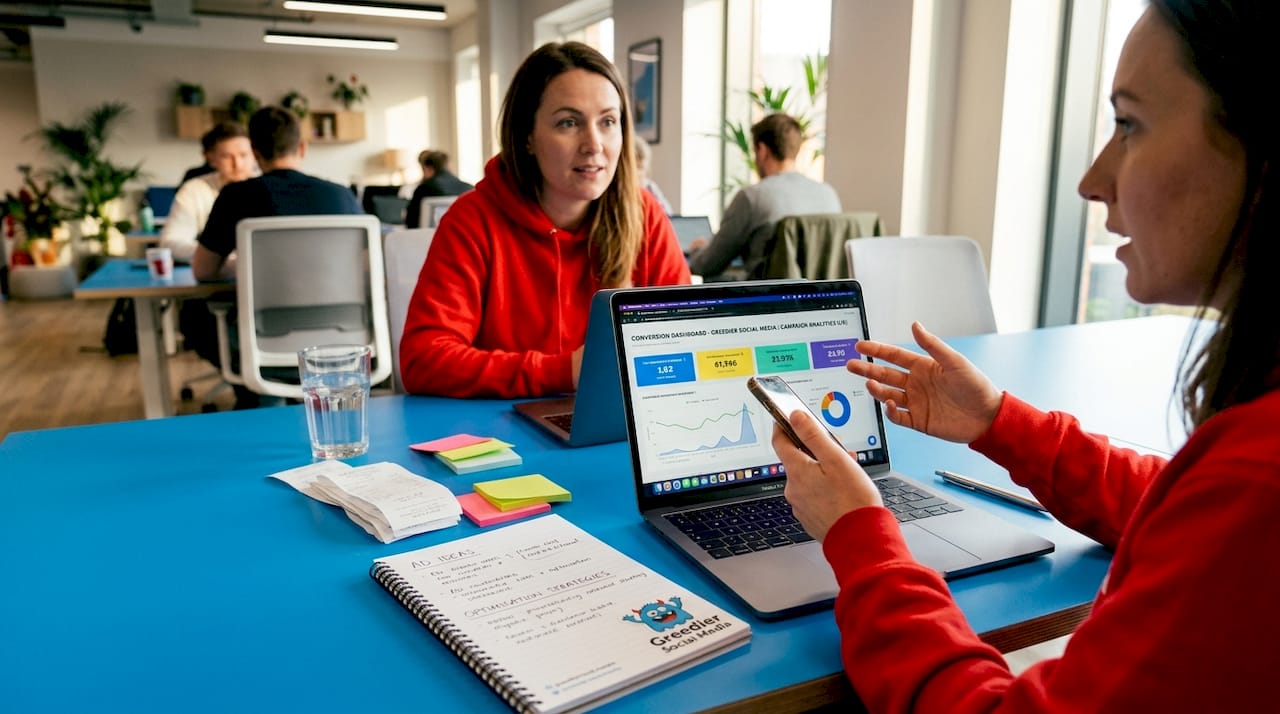 Marketer checking conversion tracking at kitchen table