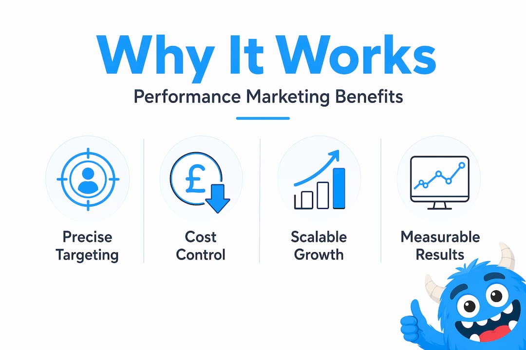 Infographic showing key benefits of performance marketing