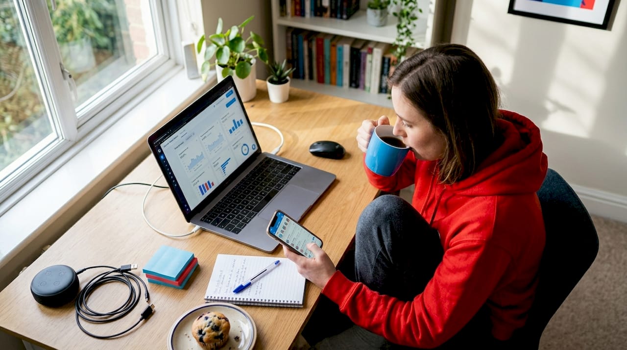 Woman manages social posts at kitchen table