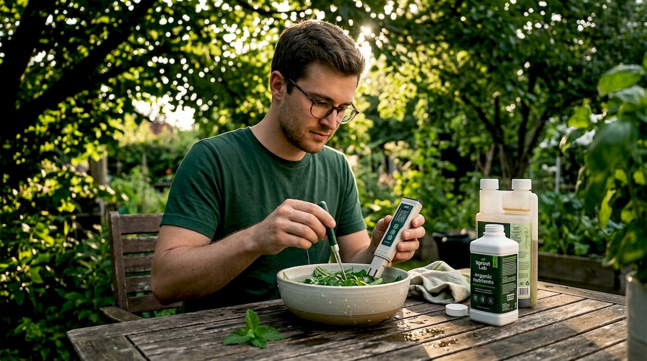Man testing hydroponic plant water pH