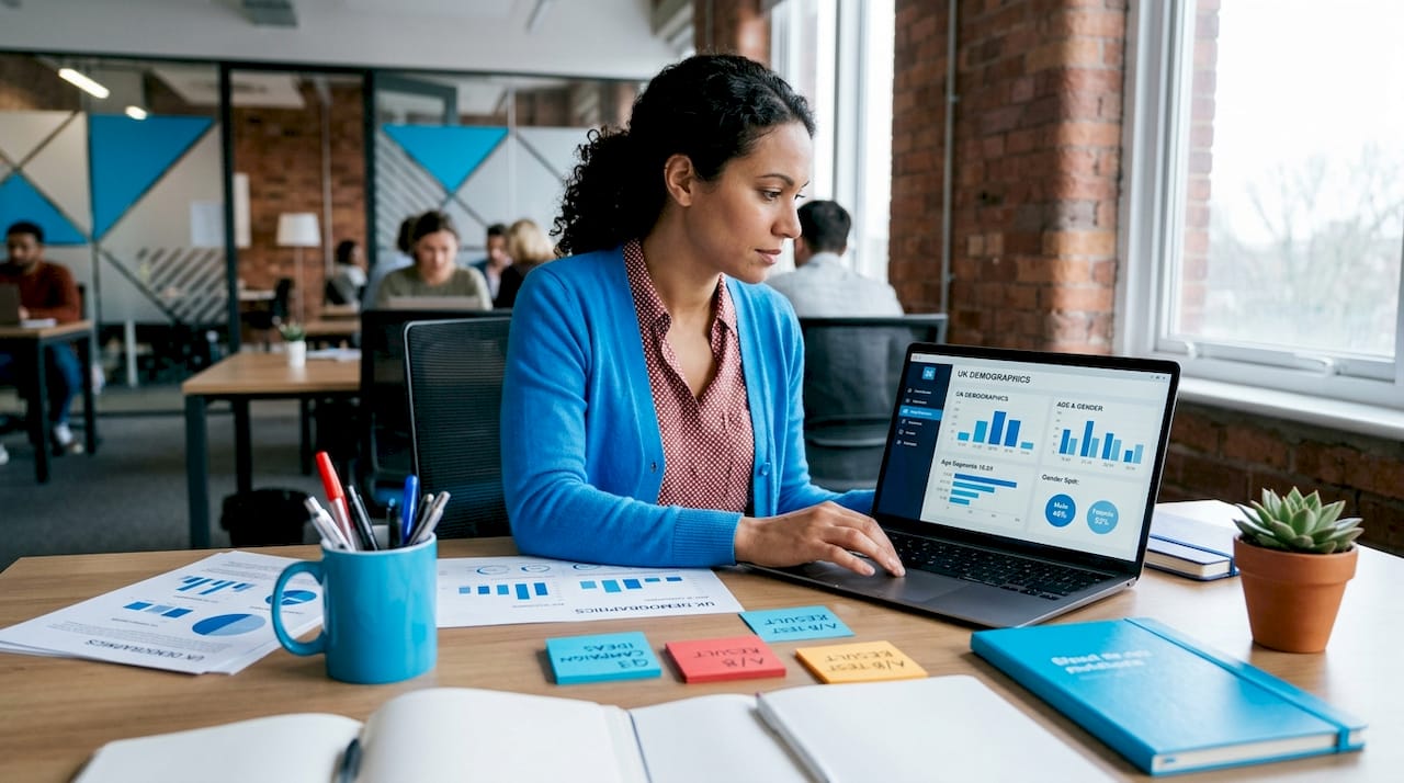 Marketing analyst reviews social demographics at desk