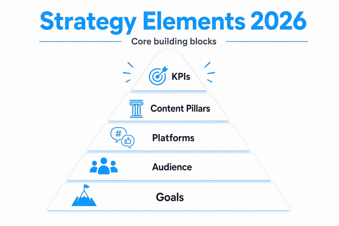 Pyramid infographic showing social media strategy core elements