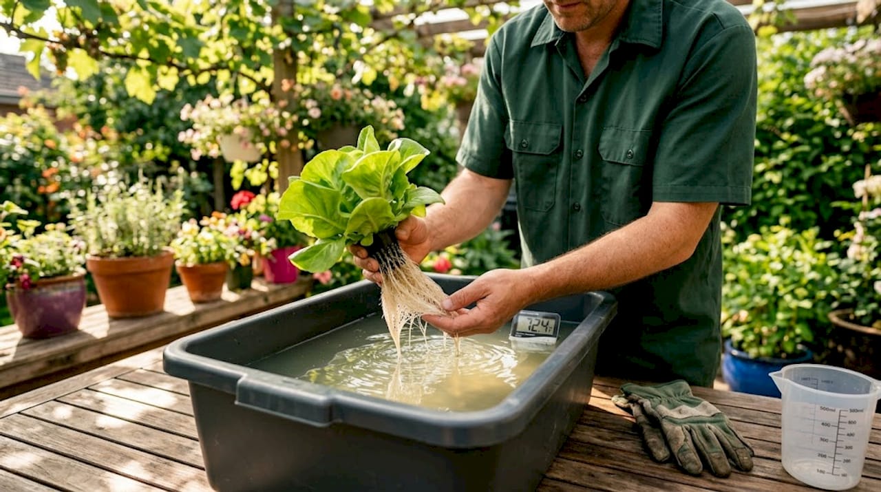 Person checking hydroponic lettuce roots at home