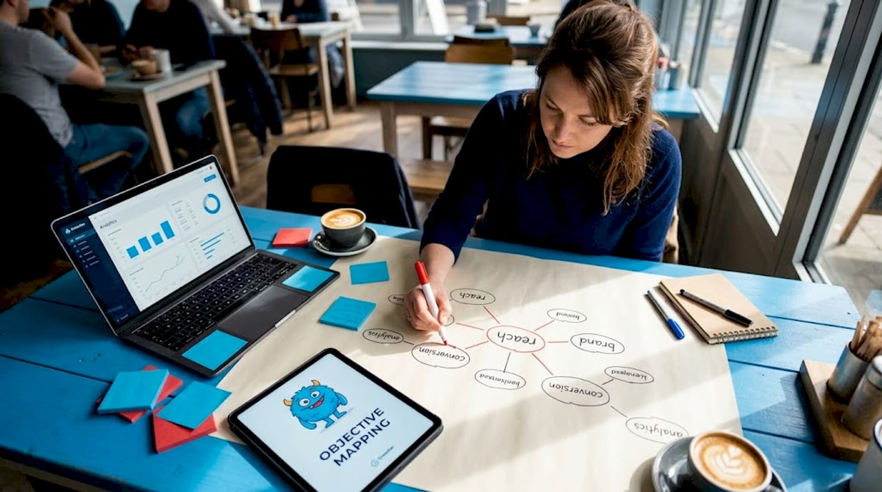 Business owner mapping social media objectives at desk