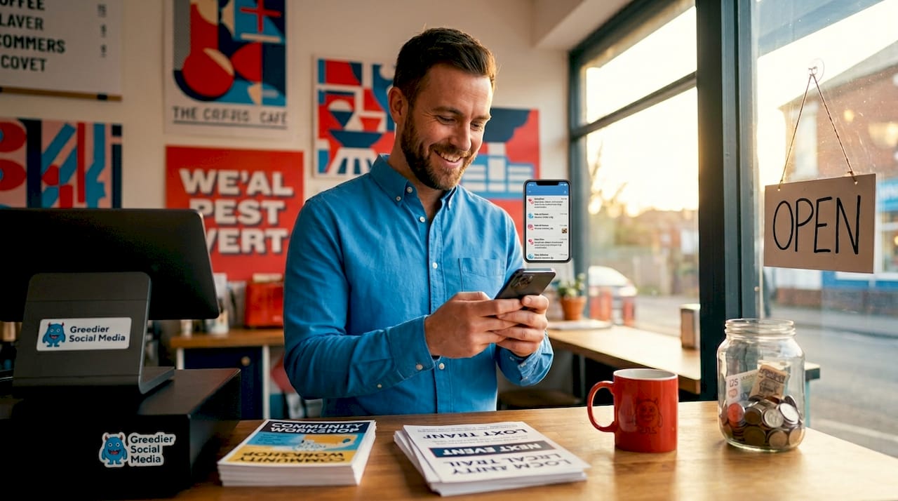 Business owner at coffee shop checks social media at counter