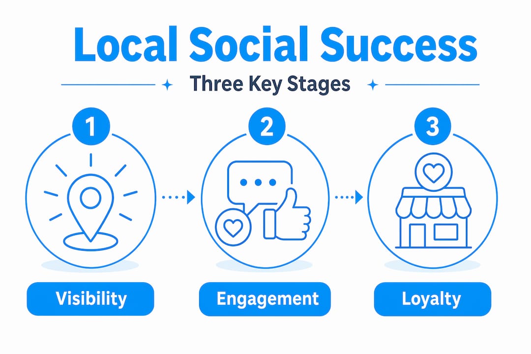 Infographic visualizing three key stages of local social media marketing