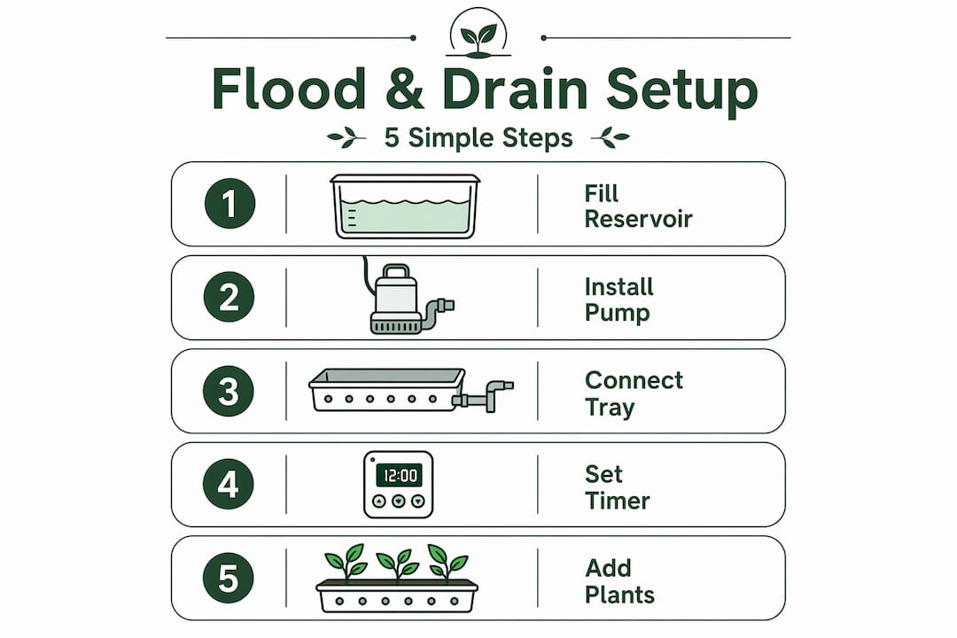 Infographic with five steps for hydroponic flood and drain setup