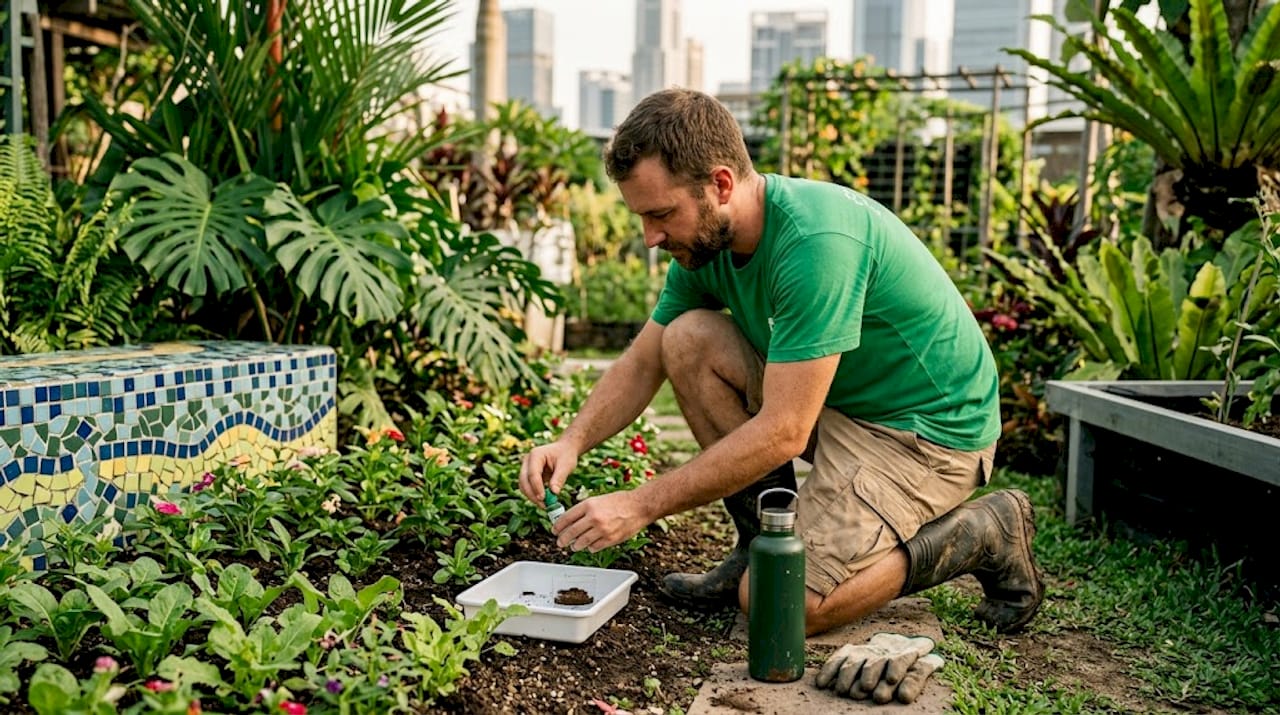 Testing soil quality in public garden bed