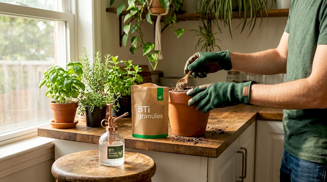 Hands treating potting soil for indoor garden pests