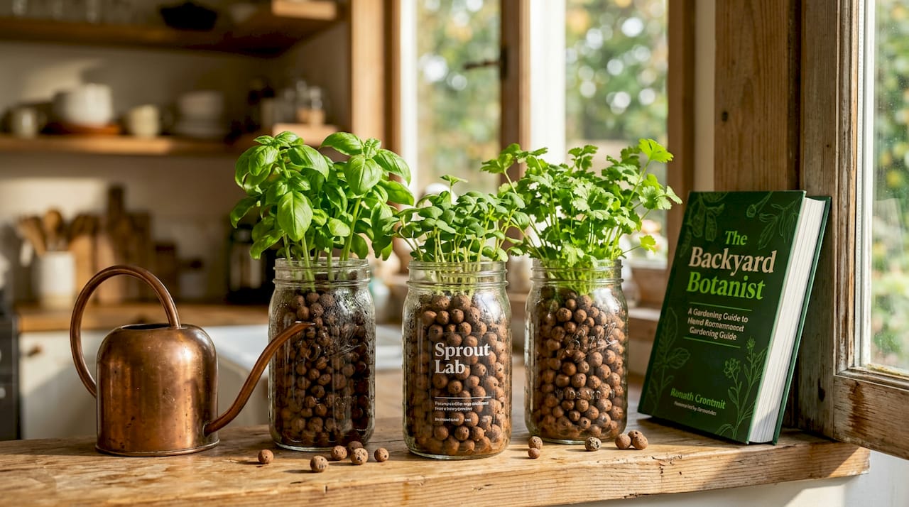 Herbs growing in LECA jars on window