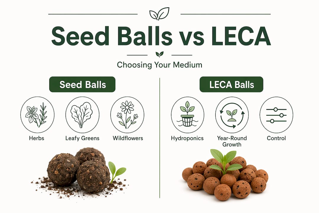 Seed balls and LECA comparison infographic