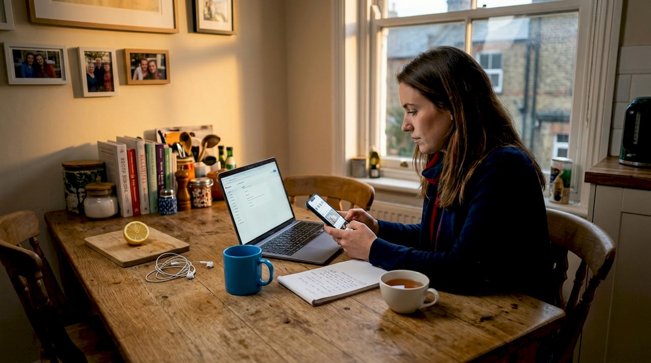 Woman reviewing social media post at cluttered kitchen table