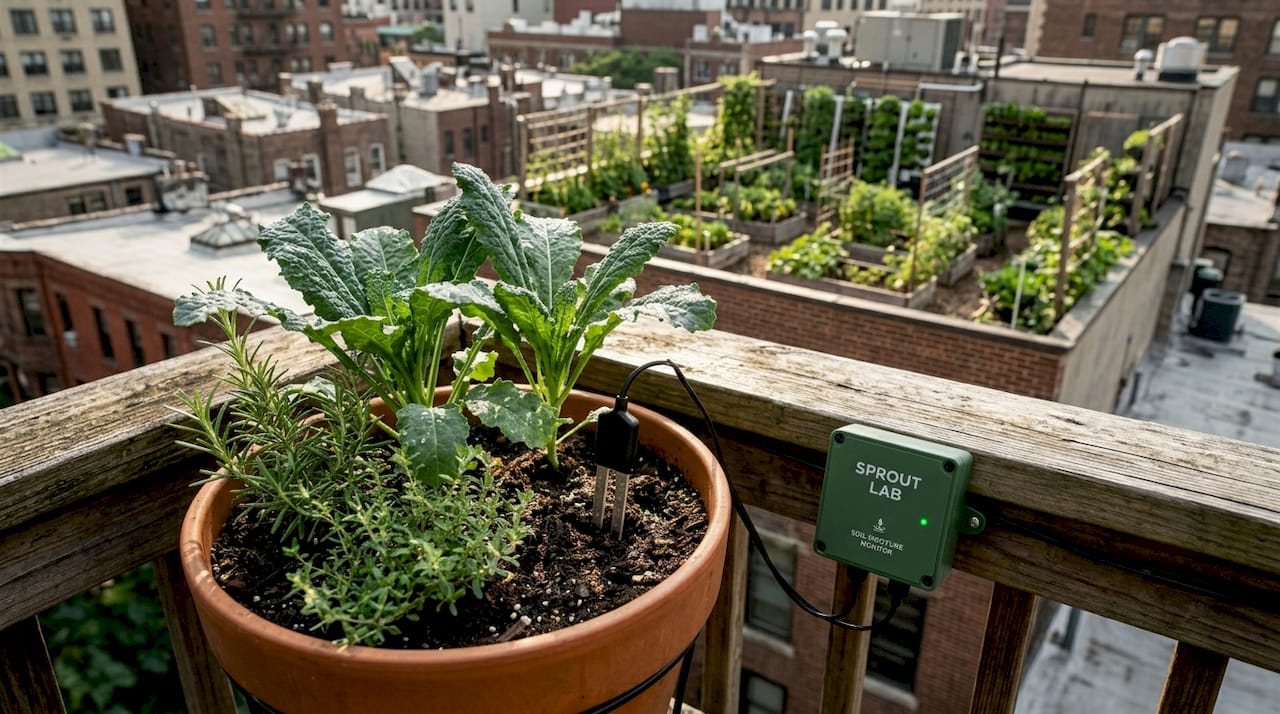 Soil moisture sensor in urban pot garden