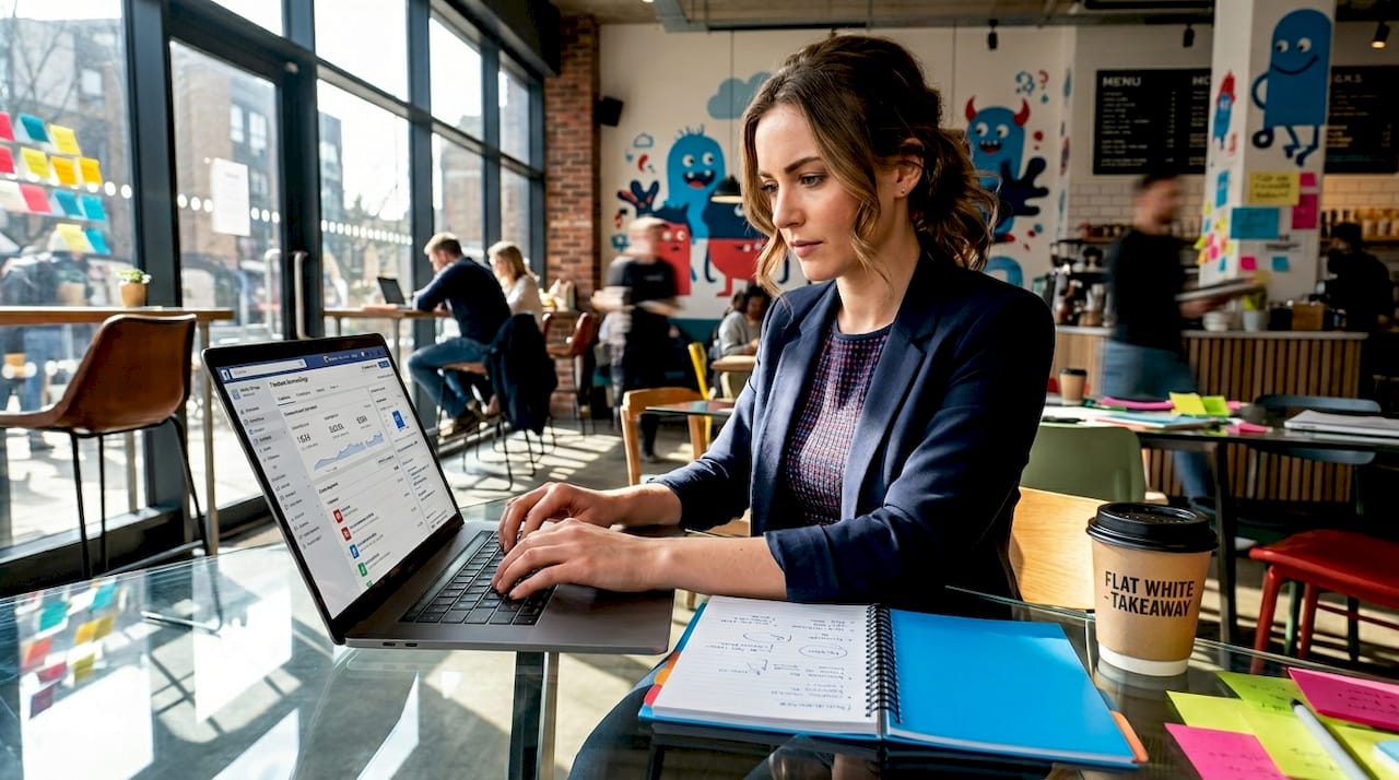 Woman setting up Facebook Business Page on laptop