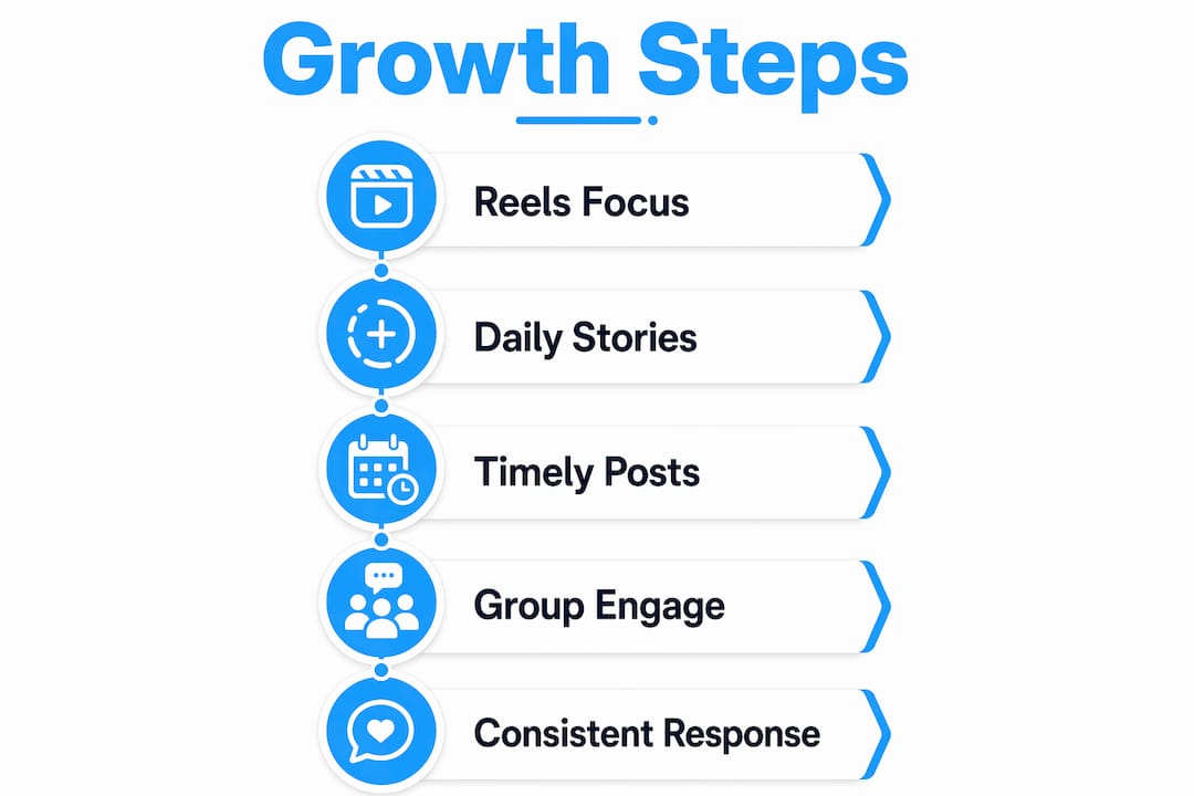 Infographic showing five key steps to grow Facebook followers fast
