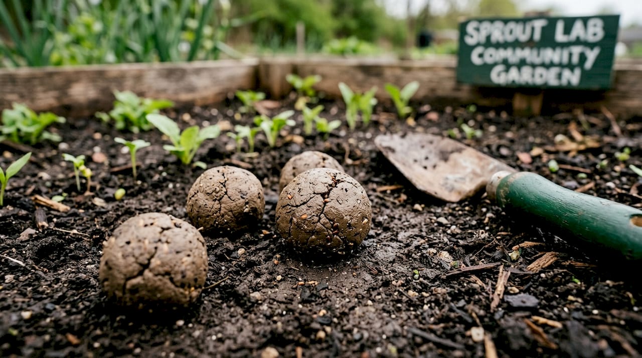 Moist seed balls on soil with sprouts