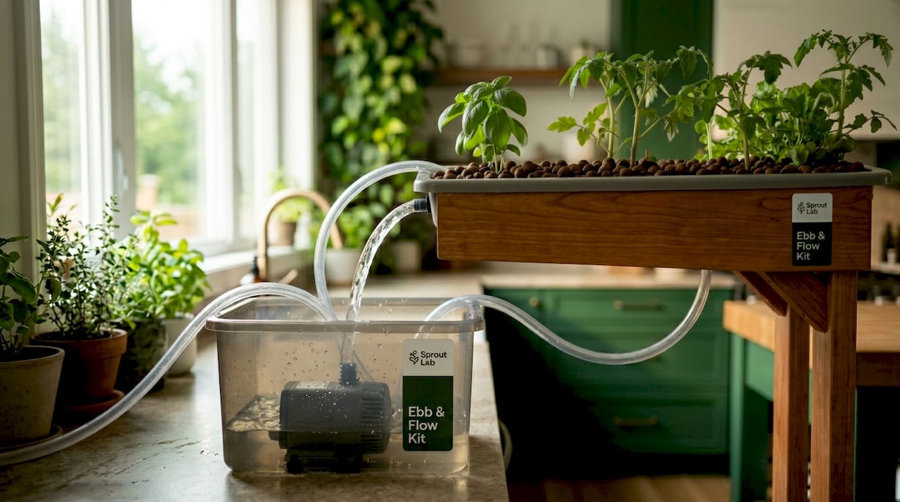 Hydroponic pump with water flow in ebb and flow system
