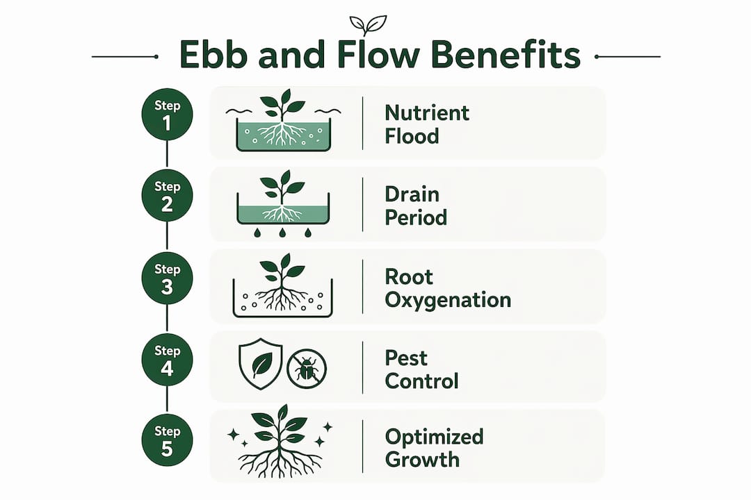 Infographic showing five key benefits of ebb and flow hydroponic systems