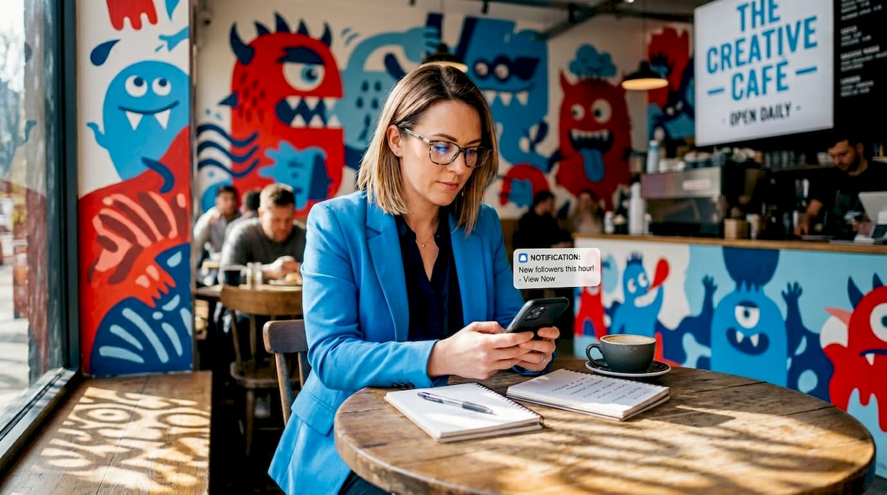 Professional woman engaging with social media at desk