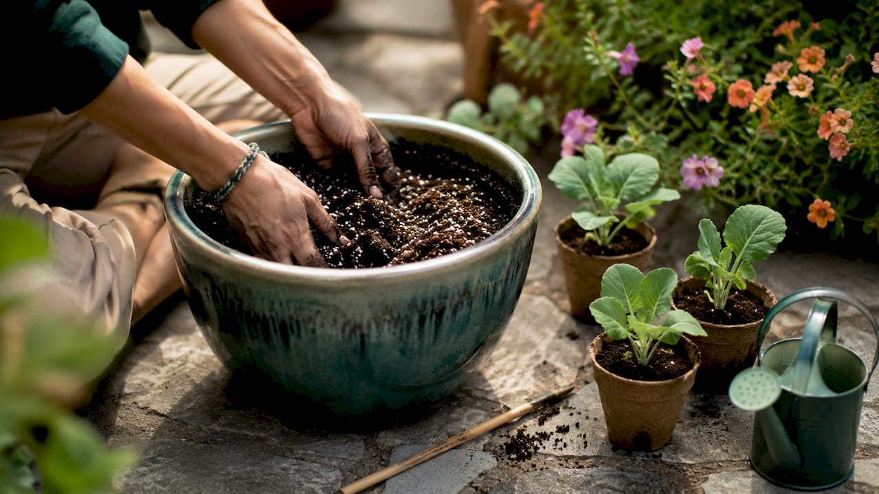 Hands mixing soil for kai lan container