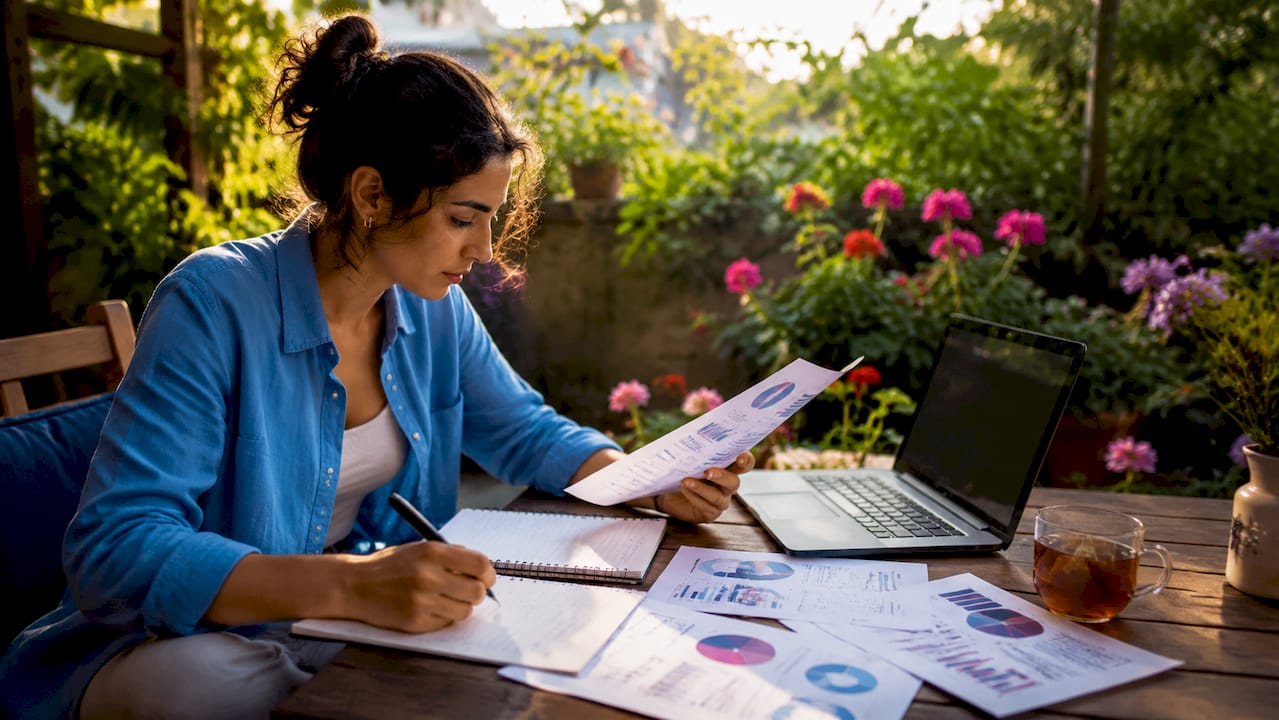 Woman analyzing Instagram Reel metrics at desk
