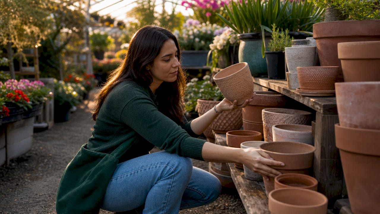 Hands selecting terracotta pots in garden nursery