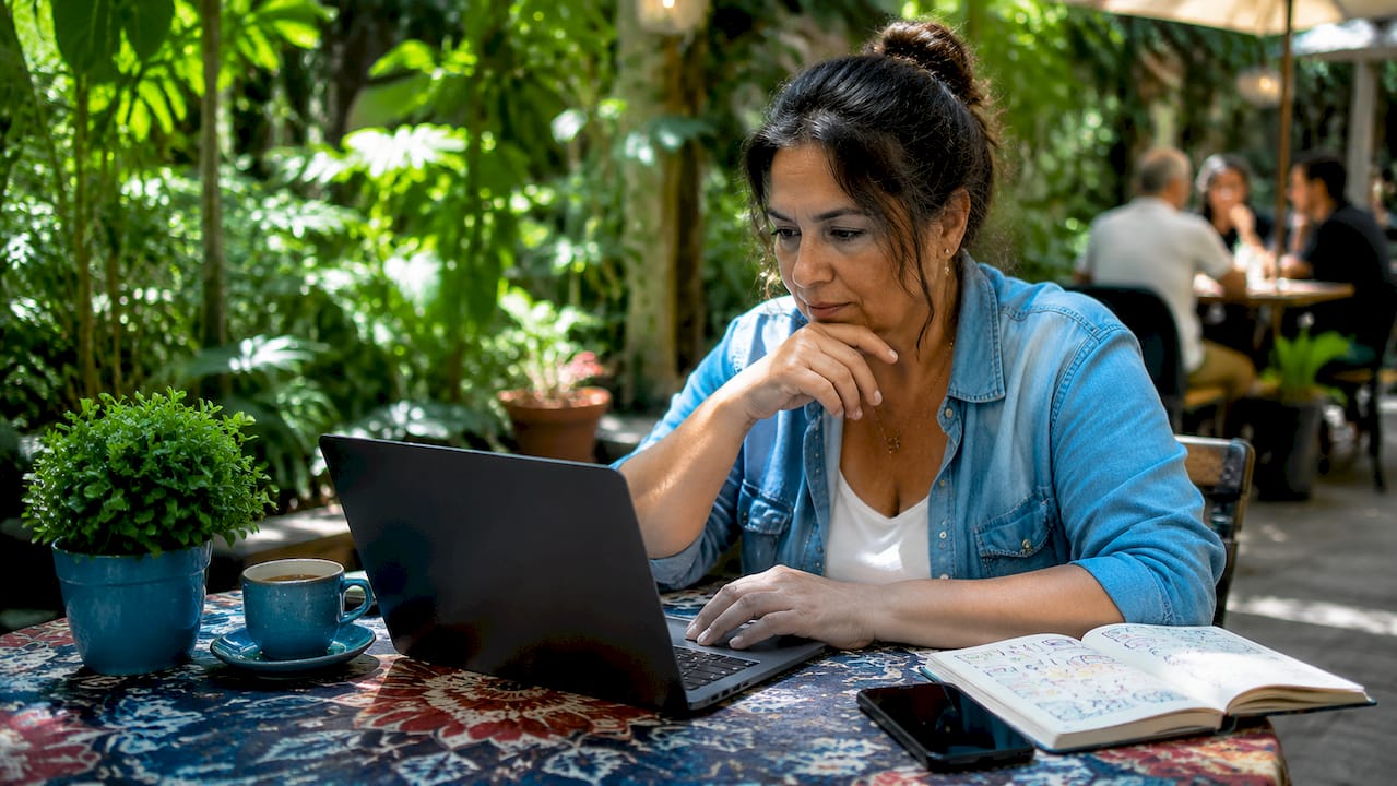 Woman checking social media insights in cafe