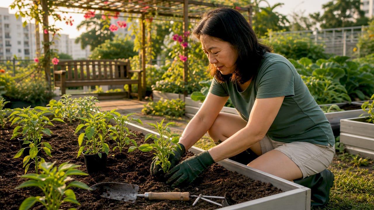 Woman planting in raised allotment garden bed