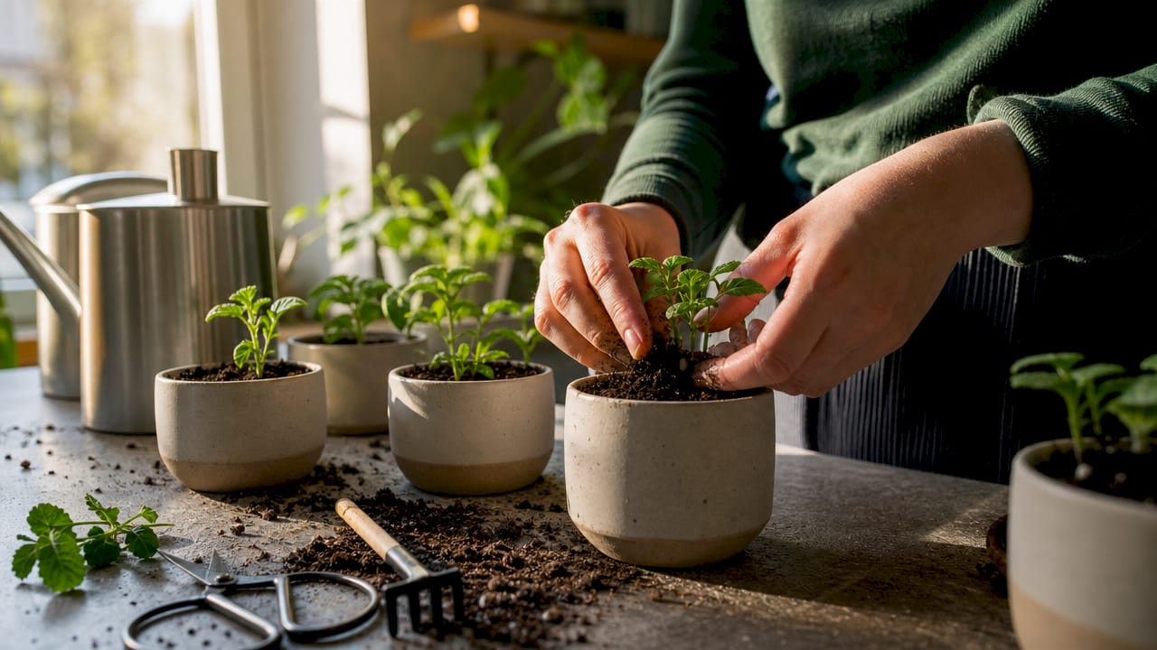 Close-up of hands planting seedlings in soil pots