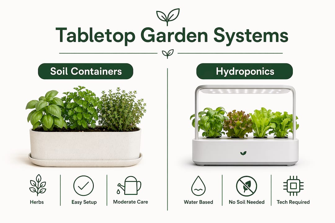 Infographic comparing soil containers and hydroponic systems